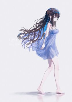 1girl absurdres airi_kanna arm_at_side black_hair blue_dress blue_hair breasts cicei closed_mouth commentary_request dress english_text floating_hair from_side full_body highres korean_commentary long_hair looking_down multicolored_hair no_shoes pantyhose profile see-through_clothes see-through_dress solo stellive strapless strapless_dress virtual_youtuber walking white_pantyhose