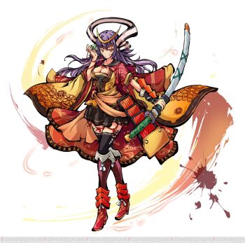 1girl armor black_thighhighs boots breasts cleavage clenched_teeth collarbone full_body hand_up himegami_kagura holding holding_sheath holding_sword holding_weapon japanese_armor japanese_clothes katana kimono knee_boots konpira_(himegami_kagura) kote large_breasts looking_at_viewer miniskirt ms06s official_art pleated_skirt purple_eyes red_boots scabbard second-party_source sheath sheathed simple_background skirt smile solo sword tachi-e teeth thighhighs thighs watermark weapon white_background yellow_eyes