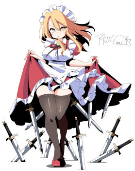 akame00 apron blonde_hair commentary_request dress frills highres long_hair maid maid_apron maid_headdress puffy_short_sleeves puffy_sleeves red_dress red_shoes ribbon shoes short_sleeves solo sword thighhighs touhou touhou_(pc-98) weapon white_apron yellow_eyes yumeko_(touhou)