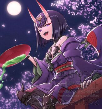 1girl alcohol bare_shoulders breasts collarbone cup eyeliner fate/grand_order fate_(series) full_moon headpiece horns japanese_clothes kimono long_sleeves looking_at_viewer makeup moon night night_sky off_shoulder oni open_mouth ovolo123 purple_eyes purple_hair purple_kimono revealing_clothes sakazuki sake short_hair shuten_douji_(fate) sitting skin-covered_horns sky small_breasts smile solo wide_sleeves