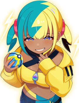 1girl aqua_hair bandeau black_mask black_pants blonde_hair blue_nails blue_pants blush breasts canari_(pokemon) center-flap_bangs cleavage criss-cross_halter crop_top grin halterneck holding holding_poke_ball jacket looking_at_viewer mask mask_pull medium_breasts midriff mouth_mask multicolored_hair navel nintendo open_mouth pants poke_ball pokemon pokemon_legends:_z-a quick_ball sakura_ran short_twintails smile solo split-color_hair teeth twintails two-tone_hair two-tone_mask yellow_bandeau yellow_jacket yellow_mask yellow_nails
