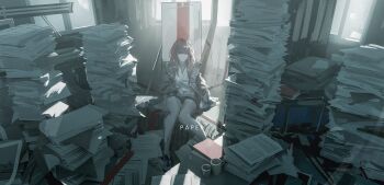 1girl alcxome bare_legs black_shoes black_shorts bow_(weapon) brown_eyes brown_hair closed_mouth cup day easel english_text full_body grey_jacket hand_on_lap highres indoors jacket light_frown long_hair looking_at_viewer mug open_clothes open_jacket original paper_stack shirt shoes short_shorts shorts sitting sneakers solo sunlight weapon white_shirt window wooden_floor