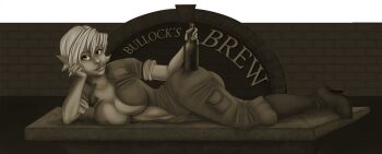 asheltots ass boots bottle breasts english_text gnome high_heel_boots high_heels highres holding holding_bottle indoors jumpsuit large_breasts linnwynn_coriwick_(asheltots) lying medium_hair open_clothes parted_lips pinup_(style) pointy_ears sepia short_sleeves table