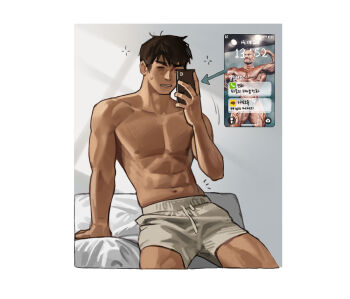 1boy abs biceps black_hair bodybuilder border cellphone cowboy_shot fake_phone_screenshot fake_screenshot grey_shorts highres holding holding_phone male_focus muscular muscular_male navel nipples original parted_lips pectorals phone rinotuna shadow short_hair shorts sitting smartphone solo topless_male translation_request white_border