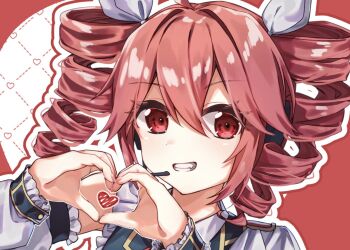 1girl drill_hair grin hamano_yui headset heart heart_hands kasane_teto looking_at_viewer own_hands_together portrait red_eyes red_hair smile solo twin_drills utau