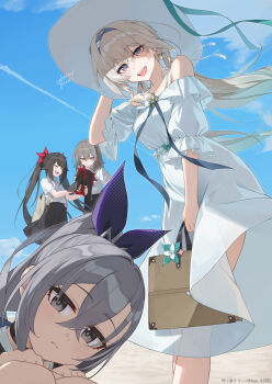 4girls alternate_costume auui bag bare_shoulders black_skirt blue_sky breasts character_doll closed_mouth commentary_request day doll dress firefly_(honkai:_star_rail) gradient_hair grey_eyes grey_hair hair_between_eyes hair_ribbon hand_up hat highres holding holding_bag holding_doll honkai:_star_rail honkai_(series) long_hair looking_at_viewer medium_breasts multicolored_hair multiple_girls open_mouth outdoors purple_ribbon red_ribbon ribbon school_uniform shirt shirt_tucked_in signature silver_wolf_(honkai:_star_rail) skirt sky smile sparkle_(doll)_(honkai:_star_rail) sparkle_(honkai:_star_rail) stelle_(honkai:_star_rail) trailblazer_(honkai:_star_rail) twintails white_dress white_hat white_shirt wind yellow_eyes
