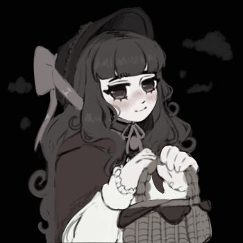 1girl basket black_background blunt_bangs bonnet bow brown_bonnet brown_bow brown_choker brown_eyes brown_hair brown_ribbon capelet choker closed_mouth frilled_shirt frills hair_bow holding holding_basket light_blush long_hair looking_at_viewer nokota_(roseary) original picnic_basket red_capelet ribbon roseary shirt simple_background sketch smile solo upper_body white_shirt