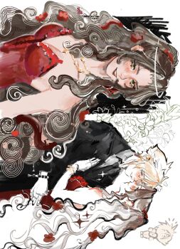 1boy 1girl absurdres aerith_gainsborough aerith_gainsborough_(red_dress) astercat bare_shoulders black_jacket black_necktie blonde_hair bracelet breasts brown_hair chibi chibi_inset cleavage cloud_strife collared_shirt commentary couple dress english_commentary final_fantasy final_fantasy_vii final_fantasy_vii_remake flower formal_clothes green_eyes hair_between_eyes hair_flower hair_ornament hair_ribbon hand_on_another's_chest hetero highres jacket jewelry lily_(flower) long_hair looking_at_another medium_breasts necktie noses_touching official_alternate_costume parted_bangs parted_lips ponytail red_dress red_flower red_ribbon ribbon shirt short_hair sidelocks smile sparkle strapless strapless_dress suit_jacket wavy_hair white_shirt