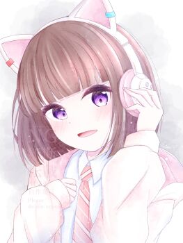 1girl :d animal_ear_headphones animal_ears blunt_bangs blunt_ends bob_cut brown_hair cat_ear_headphones cat_ears collared_shirt commentary_request diagonal-striped_clothes diagonal-striped_necktie dress_shirt fake_animal_ears futaba2328 grey_background headphones highres hood hooded_jacket ikizulive!_love_live!_bluebird jacket long_sleeves looking_at_viewer love_live! necktie open_clothes open_jacket open_mouth orange_necktie purple_eyes sasaki_shion school_uniform shirt short_hair simple_background smile solo striped_clothes watermark white_jacket white_shirt