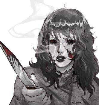 1girl ahoge artist_name blood blood_on_cheek blood_on_face bloody_knife cigarette colored_sclera commentary creepypasta english_commentary greyscale hand_up highres holding holding_knife jane_the_killer knife lips looking_ahead medium_hair monochrome mouth_hold nail_polish no_pupils parted_lips reamina_art red_sclera simple_background smoke solo spot_color sweater swept_bangs turtleneck turtleneck_sweater upper_body white_background