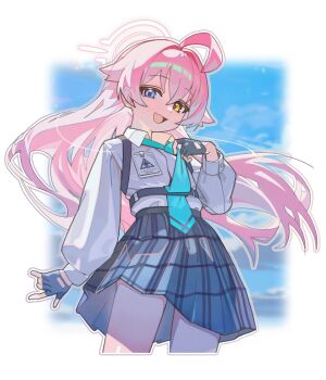 1girl absurdres ahoge blue_archive blue_eyes blue_necktie blue_skirt commentary_request fingerless_gloves gloves green_eyes grey_gloves halo heterochromia highres hoshino_(blue_archive) huge_ahoge long_hair looking_at_viewer necktie pink_hair pink_halo pleated_skirt rehu_(astd5787) school_uniform sidelocks skirt solo thighs yellow_eyes