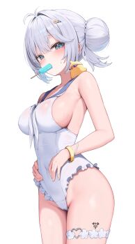 1girl absurdres antenna_hair azur_lane bare_shoulders blue_eyes blue_sailor_collar blush bracelet breasts collarbone commentary_request covered_navel food food_in_mouth frilled_one-piece_swimsuit frills from_side groin hair_bun hair_intakes hair_ornament hairclip hands_on_own_stomach heart heart_o-ring highres jade_(a_lick_of_summer)_(azur_lane) jade_(azur_lane) jewelry korean_commentary large_breasts long_hair looking_at_viewer manjuu_(azur_lane) mannack mole mole_under_eye neckerchief o-ring official_alternate_costume one-piece_swimsuit popsicle popsicle_in_mouth sailor_collar sailor_one-piece_swimsuit sideboob sidelocks simple_background single_side_bun solo standing swimsuit thigh_strap thighs wet white_background white_hair white_neckerchief white_one-piece_swimsuit