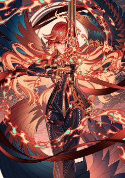 1girl absurdres biker_clothes bikesuit bird black_bodysuit black_gloves bodysuit closed_mouth colored_inner_hair commentary_request expressionless feet_out_of_frame fire floating_hair genshin_impact gloves hair_between_eyes highres holding holding_sword holding_weapon long_hair long_sleeves looking_at_viewer making-of_available mavuika_(genshin_impact) multicolored_hair orange_eyes orange_hair pyrokinesis red_hair solo straight-on sunglasses sword symbol_in_eye tinted_eyewear user_fdmy3452 very_long_hair weapon