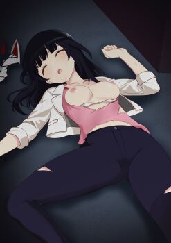 1girl absurdres agatsuma_kaede alice_gear_aegis arukari8 black_hair black_pants bra bra_pull breasts closed_eyes clothes_pull highres hime_cut mask nipples pants pink_shirt shirt torn_clothes torn_pants torn_shirt underwear unworn_mask white_bra