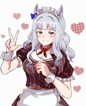 1girl animal_ears apron blunt_bangs blush bow breasts brown_shirt brown_skirt coco's commentary_request ear_bow gold_ship_(umamusume) grey_hair grin heart highres horse_ears horse_girl large_breasts long_hair looking_at_viewer neckerchief open_mouth puffy_short_sleeves puffy_sleeves purple_eyes red_neckerchief shirt short_sleeves skirt smile solo teeth umamusume vandy76 w waist_apron white_apron white_headdress white_wrist_cuffs wrist_cuffs