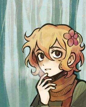 1boy alternate_costume alternate_eye_color basil_(faraway)_(omori) basil_(omori) black_eyes blush bright_pupils brown_scarf commentary corrupted_twitter_file double-parted_bangs english_commentary flower green_sweater hair_between_eyes hair_flower hair_ornament highres looking_at_viewer male_focus omori ottie_pops parted_lips scarf short_hair sidelocks solo sweater upper_body white_pupils