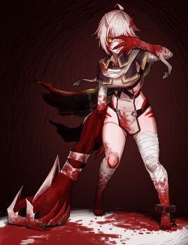 1girl absurdres ahoge asymmetrical_arms bandaged_arm bandaged_leg bandages blood blood_on_arm blood_on_face blood_stain breasts cape capelet claws commission covering_face cuffs curse_of_yggdrasil ekrea_jan fingernails full_body highres horns looking_at_viewer monster_girl mutation orange_eyes original shackles sharp_fingernails sharp_toenails short_hair skeb_commission small_breasts solo toenails toes white_hair