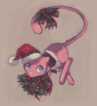 artist_name blue_eyes christmas clothed_pokemon commentary dietranch english_commentary floating flower gen_1_pokemon hat highres holding legendary_pokemon mew_(pokemon) mythical_pokemon nintendo no_humans pokemon pokemon_(creature) ribbon santa_hat solo