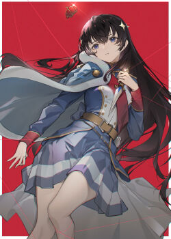 Rule 34 | 1girl, absurdres, arm at side, belt, belt buckle, bikini, black hair, blue eyes, blue jacket, blue skirt, border, buckle, buttons, chromatic aberration, commentary, crown hair ornament, dagger, epaulettes, feet out of frame, fur-trimmed jacket, fur trim, glint, hair between eyes, hair ornament, hair spread out, hand up, highres, holding, holding dagger, holding knife, holding weapon, jacket, jacket on shoulders, kagura hikari, knife, long hair, long sleeves, looking at object, looking up, lying, miniskirt, on back, outside border, parted lips, pleated skirt, red background, red sash, restrained, sash, shoujo kageki revue starlight, single stripe, skirt, solo, sparkle hair ornament, string bikini, striped clothes, striped skirt, swimsuit, unworn hair ornament, very long hair, waist cape, weapon, white border, xtears kitsune, yellow belt