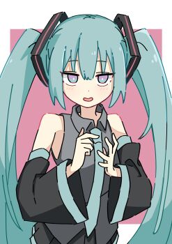 1girl absurdres aqua_eyes aqua_hair aqua_necktie auhuheben17 black_skirt black_sleeves border detached_sleeves grey_shirt hair_ornament hatsune_miku highres looking_at_viewer necktie pink_background shirt skirt sleeveless sleeveless_shirt solo standing twintails upper_body vocaloid white_border