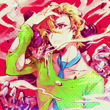 1boy blonde_hair blue_necktie collarbone commentary_request green_shirt hand_on_own_head highres jojo_no_kimyou_na_bouken looking_ahead male_focus necktie pannacotta_fugo pechka purple_eyes purple_haze_(stand) red_background shirt smoke solo stand_(jojo) vento_aureo