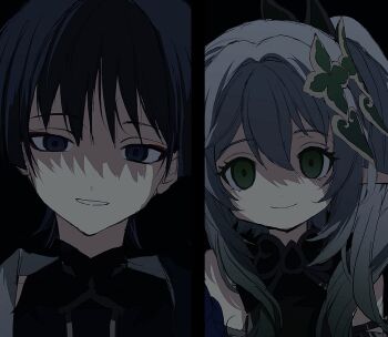 1boy 1girl armlet bare_shoulders black_background black_bodysuit black_dress black_eyes black_hair blank_eyes bodysuit closed_mouth detached_sleeves dress eyelashes eyeliner eyeshadow genshin_impact gradient_hair green_eyes green_hair green_sleeves grey_hair hair_between_eyes highres hirarinoie jewelry long_hair looking_at_viewer makeup mandarin_collar multicolored_hair nahida_(genshin_impact) open_mouth pointy_ears red_eyeliner red_eyeshadow scaramouche_(genshin_impact) shaded_face shoulder_peek side_ponytail sidelocks smile split_screen wanderer_(genshin_impact) white_mouth yandere