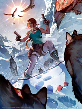 1girl aqua_shirt artist_name bare_shoulders bird boots braid breasts broken_eyewear brown_boots brown_hair brown_shorts chest_harness cleavage commentary dual_wielding english_commentary fighting_stance fingerless_gloves full_body gloves gun handgun harness highres holding holding_gun holding_weapon holster howling lara_croft long_hair medium_breasts parted_bangs procreate_(medium) red-tinted_eyewear shirt shorts single_braid snow solo sunglasses sunlight temple thigh_holster tholia_bentz tinted_eyewear tomb_raider twitter_username watermark weapon web_address winter wolf