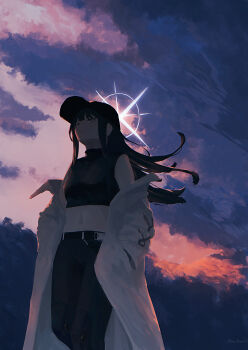 Rule 34 | 1girl, absurdres, baseball cap, black hat, black pants, black shirt, blue archive, blue eyes, closed mouth, cloud, cloudy sky, coat, commentary request, cropped shirt, halo, hat, highres, kani etizen03, long hair, looking ahead, navel, open clothes, open coat, pants, saori (blue archive), shirt, sky, sleeveless, sleeveless shirt, smile, solo, turtleneck, turtleneck shirt, white coat, white halo