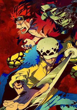 2boys absurdres arm_tattoo black_hair blue_cape cape chest_tattoo commentary denim eustass_kid goggles goggles_on_head hand_tattoo hat highres holding holding_sword holding_weapon jeans looking_ahead mechanical_arms multiple_boys one_piece open_mouth pants red_hair red_nails sanam_1piece scar scar_on_chest scar_on_face shirt single_mechanical_arm smile sword symbol-only_commentary tattoo trafalgar_law weapon yellow_shirt