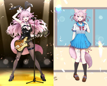 1girl alternate_costume animal_ear_hairband animal_ears antenna_hair arm_up bandaid bandaid_on_leg black_choker black_footwear black_leotard black_pantyhose black_socks blue_sailor_collar blue_skirt bob_cut bow bowtie brown_footwear chest_belt choker commentary_request detached_collar double-parted_bangs electric_guitar fake_animal_ears falling_feathers feathers frilled_sailor_collar frills full_body guitar hair_between_eyes hair_ribbon hairband hakui_koyori hand_up hexagon_hair_ornament high_heels holding holding_guitar holding_instrument hololive instrument kneehighs leotard loafers long_hair looking_at_viewer microphone_stand miniskirt multiple_girls necktie nejime o-ring o-ring_thigh_strap official_art open_mouth pantyhose pink_hair pink_necktie pleated_skirt puffy_short_sleeves puffy_sleeves purple_eyes purple_hairband rabbit_ear_hairband rabbit_ears red_bow red_bowtie ribbon sailor_collar sailor_shirt school_uniform shirt shirt_tucked_in shoes short_hair short_necktie short_sleeves sidelocks skirt socks split_screen tail thigh_strap virtual_youtuber white_shirt wolf_ears wolf_girl wolf_tail wrist_cuffs