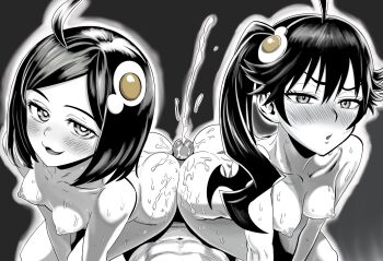 1boy 2girls :3 ahoge araragi_karen araragi_tsukihi bakemonogatari blush breasts bright_pupils buttjob collarbone commentary completely_nude cooperative_buttjob cum egg_hair_ornament ejaculation ffm_threesome food-themed_hair_ornament greyscale group_sex hair_between_eyes hair_ornament highres implied_incest kunitoro_(artist) looking_at_viewer medium_breasts monochrome monogatari_(series) multiple_girls naughty_face nipples nose_blush nude open_mouth penis pov projectile_cum seductive_smile short_hair side_ponytail smile swept_bangs teamwork_(sexual) textless_version threesome uncensored