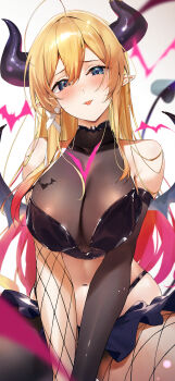 1girl absurdres bare_shoulders black_bra black_horns black_skirt black_tail black_wings blonde_hair blue_eyes bodystocking bra breast_tattoo breasts demon_girl demon_horns demon_tail demon_wings fishnets highres hololive horns kasumi_komo large_breasts pointy_ears see-through_clothes simple_background skirt solo tail tattoo tongue tongue_out underwear virtual_youtuber white_background winged_heart wings yuzuki_choco