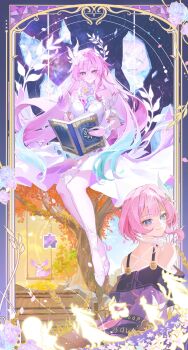 absurdres aqua_hair bare_shoulders blue_eyes book breasts coat commentary cyrene_(aedes_elysiae)_(honkai:_star_rail) cyrene_(honkai:_star_rail) cyrene_(ripples_of_past_reverie)_(honkai:_star_rail) diamond-shaped_pupils diamond_(shape) dual_persona flower hair_flower hair_ornament hashtag-only_commentary high_heels highres holding holding_book honkai:_star_rail honkai_(series) long_hair los-sin medium_breasts mem_(honkai:_star_rail) multicolored_hair on_swing pink_hair purple_coat purple_eyes puzzle_piece short_hair smile swing symbol-shaped_pupils two-tone_hair very_long_hair white_hair