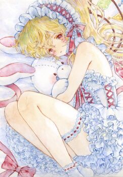 1girl alternate_costume blonde_hair blush commentary crystal crystal_wings flandre_scarlet frilled_hairband frilled_thigh_strap frills hairband highres hugging_doll hugging_object lily_k_oekaki long_hair looking_at_viewer lying multicolored_wings on_side one_side_up red_eyes red_hairband socks solo stuffed_animal stuffed_toy teddy_bear thigh_strap touhou traditional_media white_socks wings yellow_eyes