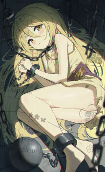 1girl ass ball_and_chain_restraint bare_legs bare_pectorals bare_shoulders barefoot bdsm blonde_hair blurry blurry_background blush bondage bottomless bound bound_ankles bound_wrists broken broken_chain brown_eyes chain chain_leash clenched_hands closers collar commentary crack crack_of_light cracked_wall cuffs curled_up facing_to_the_side handcuffs hands_on_own_chest highres hunched_over indoors kidnapped knees_to_chest knees_together_feet_apart leash light_rays lock loli long_hair looking_to_the_side lucy_(closers) lying on_ground on_side padlock partially_undressed pectorals restrained shackles shirt slave sleeveless sleeveless_shirt tied_up_(nonsexual) tile_floor tile_wall tiles yiran_kuxiao