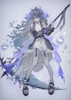 1girl absurdres air_bubble arknights bare_shoulders black_dress blue_eyes bubble choker closed_mouth coral dress expressionless full_body gloves grey_background highmore_(arknights) highres holding holding_scythe holding_weapon horns infection_monitor_(arknights) long_hair long_sleeves looking_at_viewer matsuba_(mtbsbr721) multicolored_hair pointy_ears purple_gloves purple_horns sandals scythe single_glove solo standing thighhighs two-tone_dress very_long_hair weapon white_dress white_thighhighs