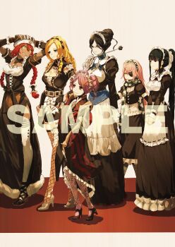 6+girls absurdres animal_hat antennae apron arthropod_girl black_choker black_dress black_eyes black_gloves black_hair black_shoes blonde_hair blue_choker blue_eyes blunt_bangs bow braid breasts buttons camouflage camouflage_headwear camouflage_scarf choker cleavage closed_mouth collar commentary_request cz2128_delta dark-skinned_female dark_skin detached_sleeves digital_camouflage double_bun dress drill_hair entoma_vasilissa_zeta extra_pupils eyepatch fangs fishnet_thighhighs fishnets frills fur-trimmed_dress fur_trim glasses gloves green_eyes hair_between_eyes hair_bow hair_bun hair_ornament hairclip hand_on_own_hip hand_to_own_mouth hat high_heels highres holding holding_pointer japanese_clothes kimono large_breasts long_hair long_sleeves lupusregina_beta maid maid_apron maid_headdress medium_breasts mixed_maids monster_girl multiple_girls narberal_gamma official_art ofuda ofuda_on_clothes overlord_(maruyama) pantyhose pink_hair pink_pantyhose pointer ponytail puffy_short_sleeves puffy_sleeves purple_hair red_eyes red_hair ribbon ribbon-trimmed_apron ribbon_trim sample_watermark scarf second-party_source semi-rimless_eyewear shoes short_hair short_sleeves side_slit simple_background skin_fangs sleeves_past_wrists smile so-bin solution_epsilon standing striped_clothes striped_pantyhose tactical_maid thighhighs too_many_drills twin_braids unconventional_maid under-rim_eyewear very_long_hair watermark white_apron white_background white_bow white_shoes white_thighhighs yellow_eyes yuri_alpha