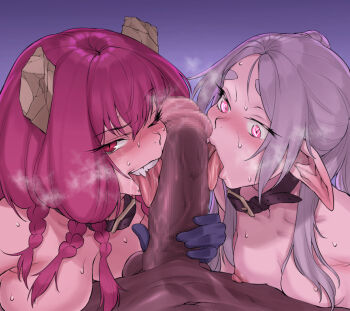 1boy 2girls animal_collar aura_(sousou_no_frieren) black_collar black_gloves blush breasts broken_horn censored collar cooperative_fellatio dark-skinned_male dark_skin demon_girl demon_horns ears_down elf fangs fellatio ffm_threesome frieren from_above from_side gloves grey_hair group_sex hair_between_eyes handjob heart heart-shaped_pupils hetero horns humiliation interracial interspecies kouya_toufu large_breasts long_hair long_pointy_ears looking_at_penis looking_at_viewer looking_to_the_side mind_control mosaic_censoring multiple_girls naughty_face nipples nude one_eye_closed open_mouth oral penis penis_awe penis_grab penis_on_face petite pink_eyes pointy_ears portrait pov pov_crotch purple_background purple_gloves purple_hair red_eyes simple_background small_breasts sousou_no_frieren sweat symbol-shaped_pupils teamwork_(sexual) teeth thick_eyebrows threesome tongue tongue_out twintails upper_teeth_only very_dark_skin