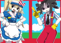 Rule 34 | 2girls, @ @, apron, black choker, black eyes, black hair, black necktie, blonde hair, blue dress, blue hat, bow, buttons, chito (shoujo shuumatsu ryokou), choker, collared shirt, cosplay, dress, drill hair, face of the people who sank all their money into the fx (meme), frilled apron, frills, gloves, hand on own hip, hands on own hips, hat, hatsune miku, hatsune miku (cosplay), highres, icetipia, kasane teto, kasane teto (cosplay), long hair, looking at viewer, meme, mesmerizer (vocaloid), multiple girls, necktie, open mouth, outline, pale skin, pants, parody, pinstripe dress, pinstripe hat, pinstripe pattern, puffy short sleeves, puffy sleeves, red bow, red hat, red pants, red suspenders, shaded face, shirt, short sleeves, shoujo shuumatsu ryokou, sidelocks, small sweatdrop, striped bow, striped clothes, striped dress, striped headwear, striped shirt, sweat, tongue, tongue out, twin drills, twintails, utau, vertical-striped clothes, vertical-striped dress, vertical-striped headwear, vertical-striped shirt, visor cap, vocaloid, white apron, white outline, white shirt, yellow gloves, yuuri (shoujo shuumatsu ryokou)