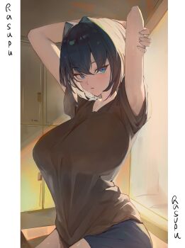 1girl absurdres arms_up artist_name blue_eyes blue_hair breasts brown_shirt commentary english_commentary hair_intakes highres hololive hololive_english large_breasts looking_at_viewer ouro_kronii pillarboxed rasupu4 shirt short_hair short_sleeves shorts solo stretching sweat virtual_youtuber