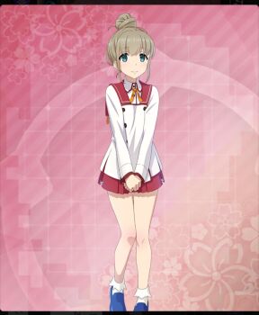 1girl blue_eyes blue_shoes brown_hair closed_mouth dot_nose feet_out_of_frame floral_background game_cg hair_bun long_sleeves looking_at_viewer minoseki_academy_school_uniform neck_ribbon official_art own_hands_together pink_background red_sailor_collar red_skirt ribbon sailor_collar school_uniform shirt shoes short_hair sidelocks single_hair_bun skirt smile socks solo terashita_hoozuki third-party_source toji_no_miko toji_no_miko:_kizamishi_issen_no_tomoshibi white_shirt white_socks yellow_ribbon
