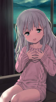 Rule 34 | 1girl, aurora, commentary request, cropped, dress, flat chest, green eyes, grey hair, jiji (aardvark), long hair, looking at viewer, melonbooks, night, original, sitting, smile, solo, sweater, sweater dress, window