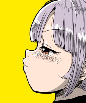 1girl bad_tag blush brown_eyes close-up closed_mouth kiliu loli portrait profile short_hair simple_background solo yellow_background