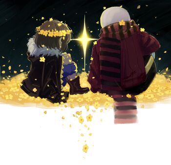 1boy 1other alternate_universe ankle_boots black_background black_jacket black_scarf black_shorts blue_shorts blue_sweater boots brown_boots brown_hair chinese_commentary commentary_request falling_petals field film_grain flower flower_field flower_wreath flowerfell frisk_(undertale) from_behind full_body fur-trimmed_jacket fur_trim glowing hanbaobaobaozhu head_wreath highres jacket jacket_on_shoulders knees_up long_sleeves petals puffy_long_sleeves puffy_sleeves red_scarf red_sweater ribbed_sweater sans_(undertale) scarf short_hair shorts sidelighting simple_background single_vertical_stripe sitting sparkle sweater two-tone_background two-tone_scarf undertale utdr_(toby_fox) white_background yellow_flower yellow_petals