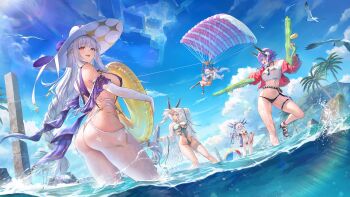 Rule 34 | 5girls, absurdres, ball, barbera red, beachball, bikini, bird, black bikini, black sandals, black thighhighs, blue one-piece swimsuit, braid, breasts, character request, cloud, cloudy sky, commentary request, daiblos core, detached sleeves, groin, half crown braid, hat, highres, holding, holding swim ring, holding water gun, horns, innertube, jacket, jacket partially removed, large breasts, long hair, looking back, mechanical ears, mugetsu2501, multiple girls, ocean, one-piece swimsuit, open mouth, palm tree, parachute, parasailing, pillar, purple hair, purple hat, purple one-piece swimsuit, red jacket, salticidae (daiblos core), sandals, school swimsuit, seagull, see-through clothes, see-through jacket, see-through shirt, shirt, single thighhigh, sky, small breasts, spiked belt, standing, starfish, swim ring, swimsuit, thigh strap, thighhighs, tied shirt, tizona (daiblos core), tree, very long hair, vodka mirror, wading, water gun, white hair, white hat, white one-piece swimsuit