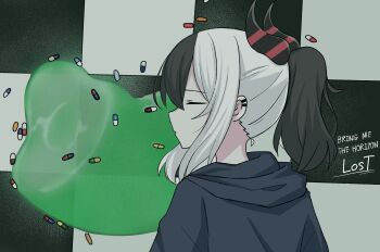 1girl black_hair black_jacket blue_archive bring_me_the_horizon closed_eyes closed_mouth colroed commentary_request ear_piercing english_text green_liquid hair_between_eyes highres horns jacket kayoko_(blue_archive) liquid lying medium_hair multicolored_hair no_halo nyanzai-sensei piercing pill ponytail sidelocks solo tile_floor tiles two-tone_hair unconscious white_hair