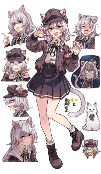 1girl animal_ears black_skirt boots breasts brown_boots brown_eyes brown_jacket cat_ears cat_tail claw_pose commentary_request crying curled_fingers fang full_body grey_hair hair_between_eyes highres ido_(teketeke) index_finger_raised jacket lace-up_boots medium_breasts multiple_views occult_times original purple_eyes skirt smile surprised tail upper_body