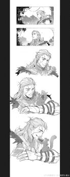 1boy absurdres affectionate animal_on_arm baldur's_gate baldur's_gate_3 cropped_torso forest greyscale halsin happy highres male_focus mature_male medium_hair monochrome nature pointy_ears profile sequential smile squirrel thick_eyebrows tree yuan_mo_qing_xuan_-mai_an_li_de_xiao_dao_shi