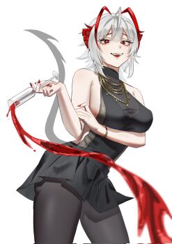 Rule 34 | 1girl, ahoge, alcohol, alternate costume, antenna hair, arknights, arm under breasts, black pantyhose, black shirt, black skirt, bracelet, breasts, center-flap bangs, champagne flute, commentary, cowboy shot, cup, demon girl, demon horns, demon tail, drinking glass, eyelashes, eyeliner, grey hair, hand on own arm, highres, holding, holding cup, horns, jewelry, looking at viewer, magnum 0000, makeup, medium breasts, miniskirt, multicolored hair, multiple necklaces, nail polish, necklace, open mouth, pantyhose, pleated skirt, red eyeliner, red eyes, red hair, red horns, red nails, red wine, shirt, short hair, sideboob, sideless shirt, simple background, skirt, sleeveless, sleeveless shirt, smile, solo, spilling, standing, streaked hair, tail, teeth, two-tone hair, upper teeth only, w (arknights), white background, wine, wine glass