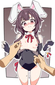 1girl 1other animal_ears assisted_exposure bare_shoulders black_gloves black_leotard blush breasts brown_hair closed_mouth detached_collar disembodied_hand elbow_gloves embarrassed fake_animal_ears fingerless_gloves gloves highres kono_subarashii_sekai_ni_shukufuku_wo! leotard megumin nervous nipple_stimulation nipple_tweak nipples noyama_takenoko playboy_bunny rabbit_ears red_eyes short_hair_with_long_locks small_breasts sweat thighs wrist_cuffs